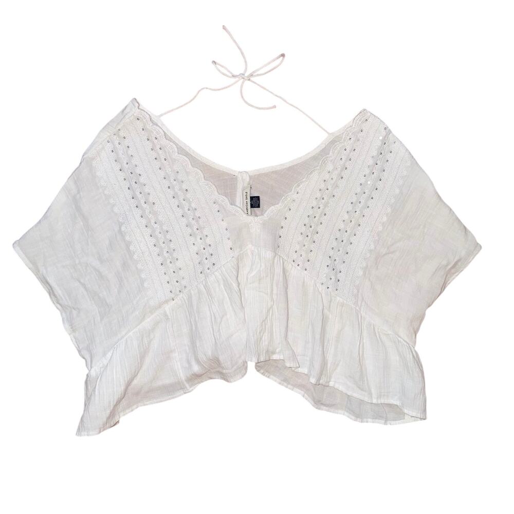 American Eagle White Sequin Embroidered Gauze Halter Peplum Crop Top XXS Boho